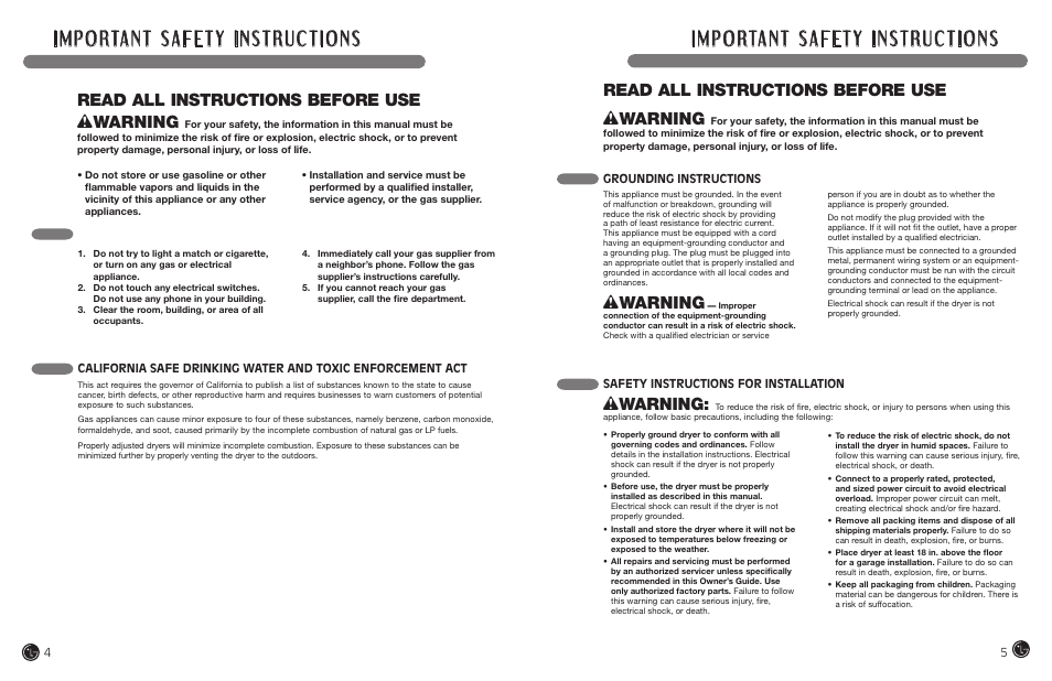 Read all instructions before use w warning, What to do if you smell gas, Wwarning | Read all instructions before use, Grounding instructions, Safety instructions for installation | LG DLEX7177RM User Manual | Page 3 / 45