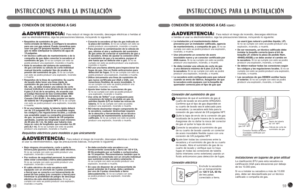 Wadvertencia, Conexión de secadoras a gas | LG DLEX7177RM User Manual | Page 30 / 45