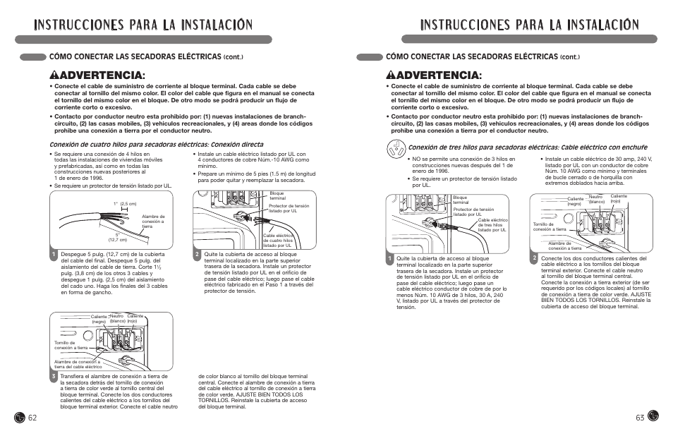 Wadvertencia, Cómo conectar las secadoras eléctricas | LG DLEX7177RM User Manual | Page 32 / 45