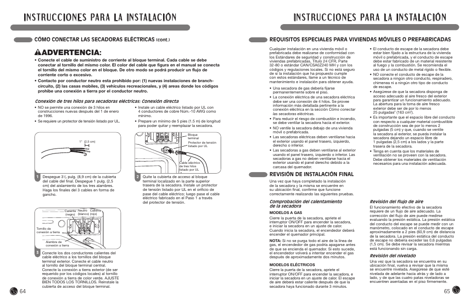 Wadvertencia, Revisión de instalación final, Cómo conectar las secadoras eléctricas | LG DLEX7177RM User Manual | Page 33 / 45