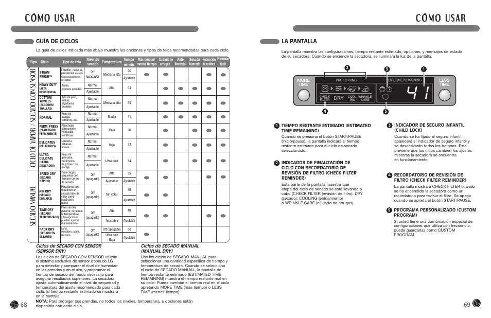 Guía de ciclos, La pantalla | LG DLEX7177RM User Manual | Page 35 / 45