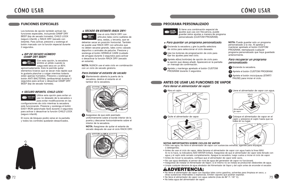 Wadvertencia, Funciones especiales, Programa personalizado | Antes de usar las funciones de vapor | LG DLEX7177RM User Manual | Page 37 / 45