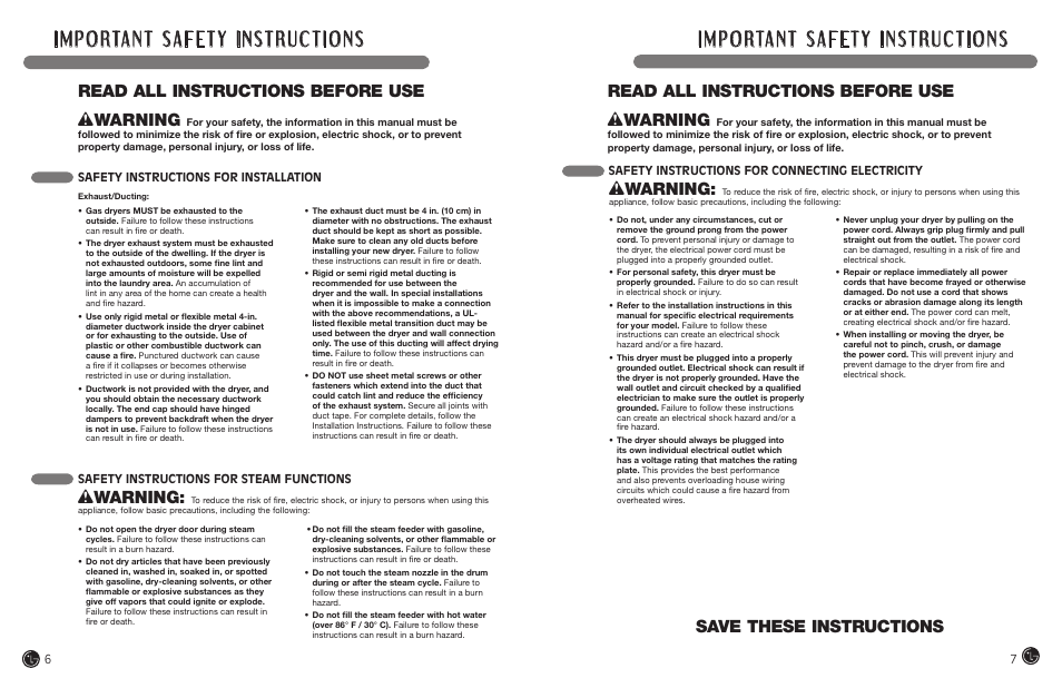 Save these instructions, Read all instructions before use, Wwarning | Read all instructions before use w warning, Safety instructions for connecting electricity, Safety instructions for installation, Safety instructions for steam functions | LG DLEX7177RM User Manual | Page 4 / 45