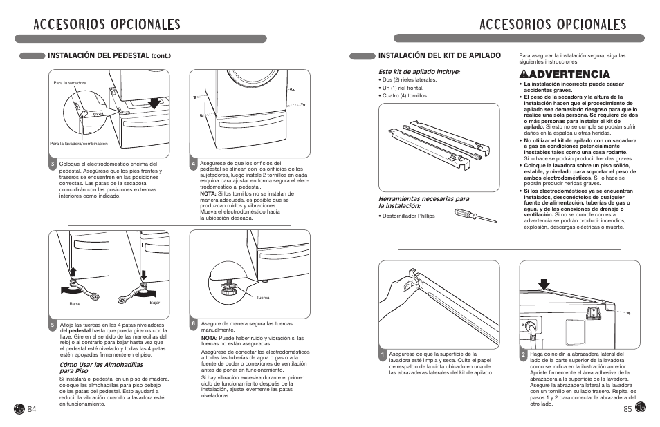 Wadvertencia, Instalación del kit de apilado, Instalación del pedestal | LG DLEX7177RM User Manual | Page 43 / 45