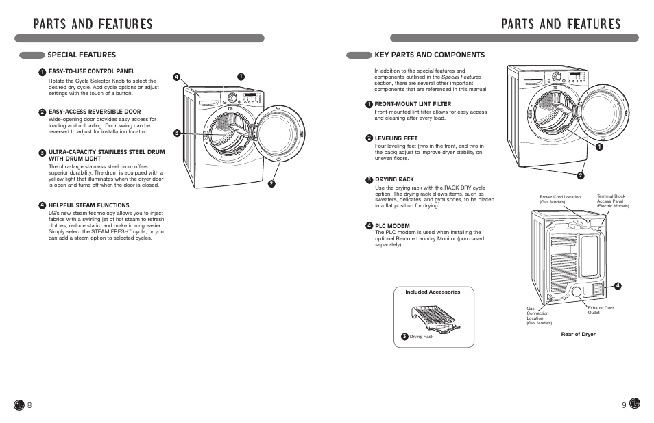 Special features key parts and components | LG DLEX7177RM User Manual | Page 5 / 45