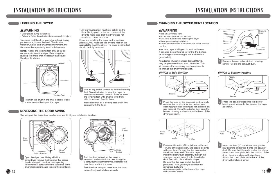 Leveling the dryer, Reversing the door swing, Changing the dryer vent location | Warning | LG DLEX7177RM User Manual | Page 7 / 45