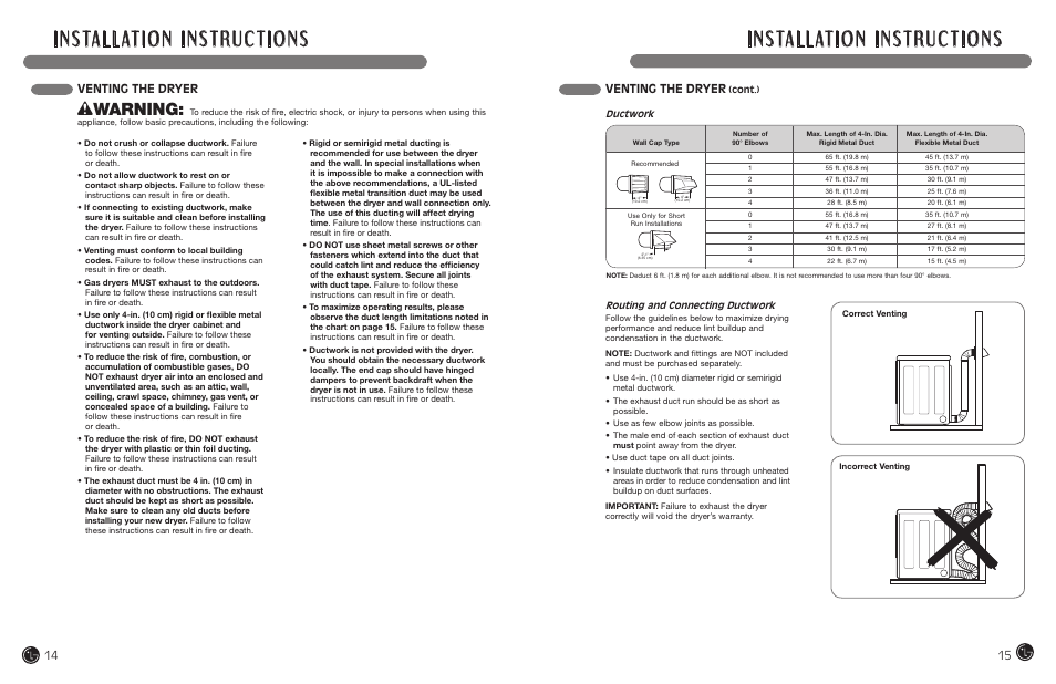 Wwarning, Venting the dryer | LG DLEX7177RM User Manual | Page 8 / 45