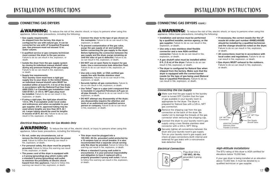 Wwarning, Connecting gas dryers, 1 connecting gas dryers | LG DLEX7177RM User Manual | Page 9 / 45