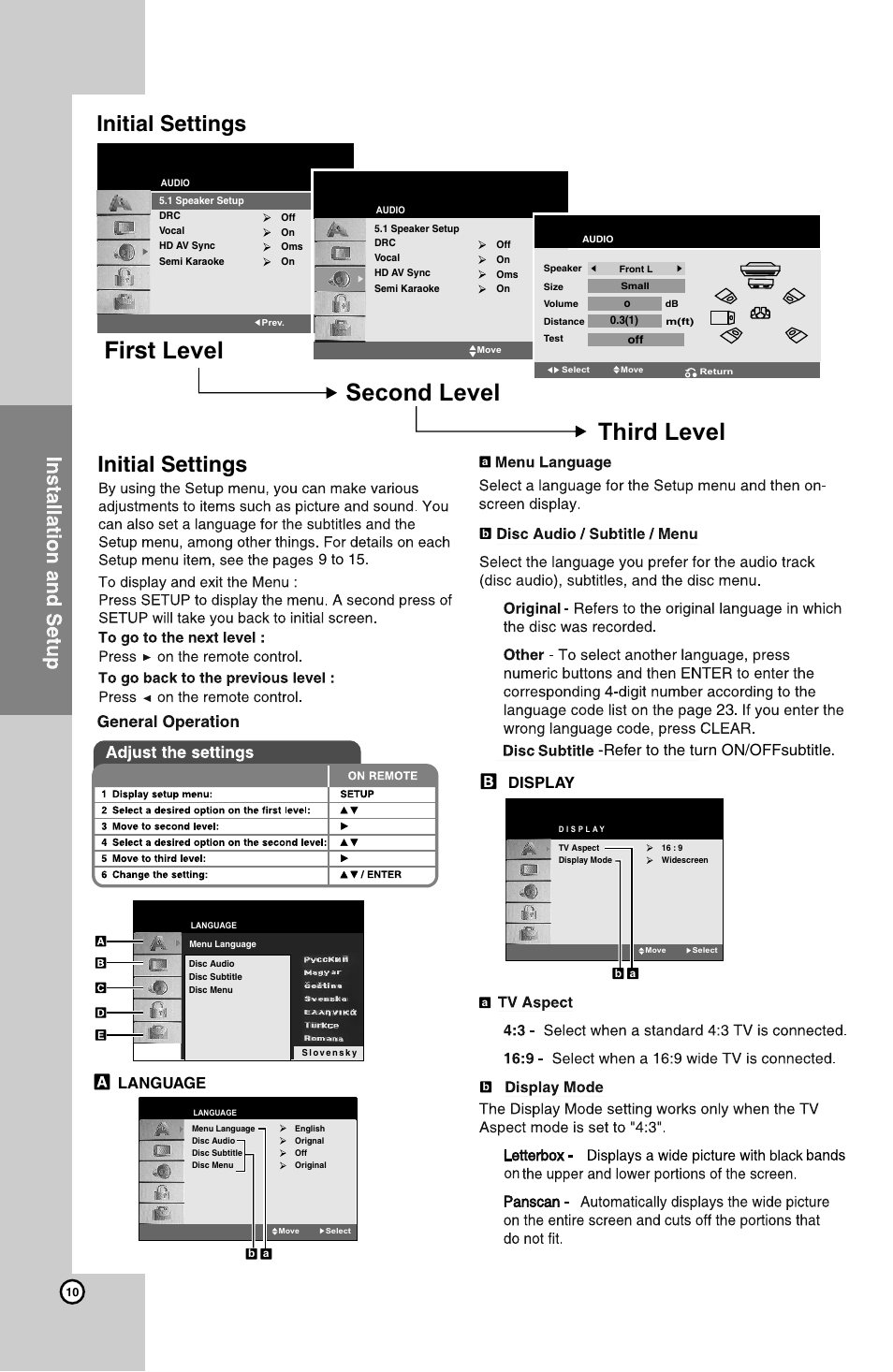 First level second level third level, Initial settings, 23 display | 9 to 15, Language, Refer to the turn on/offsubtitle | LG HT924SF User Manual | Page 10 / 24