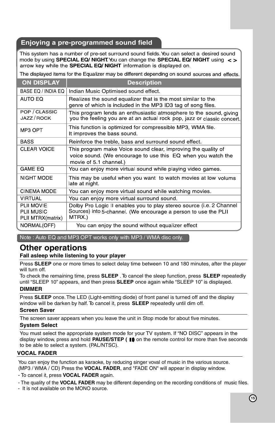 Other operations, Enjoying a pre-programmed sound field | LG HT924SF User Manual | Page 15 / 24