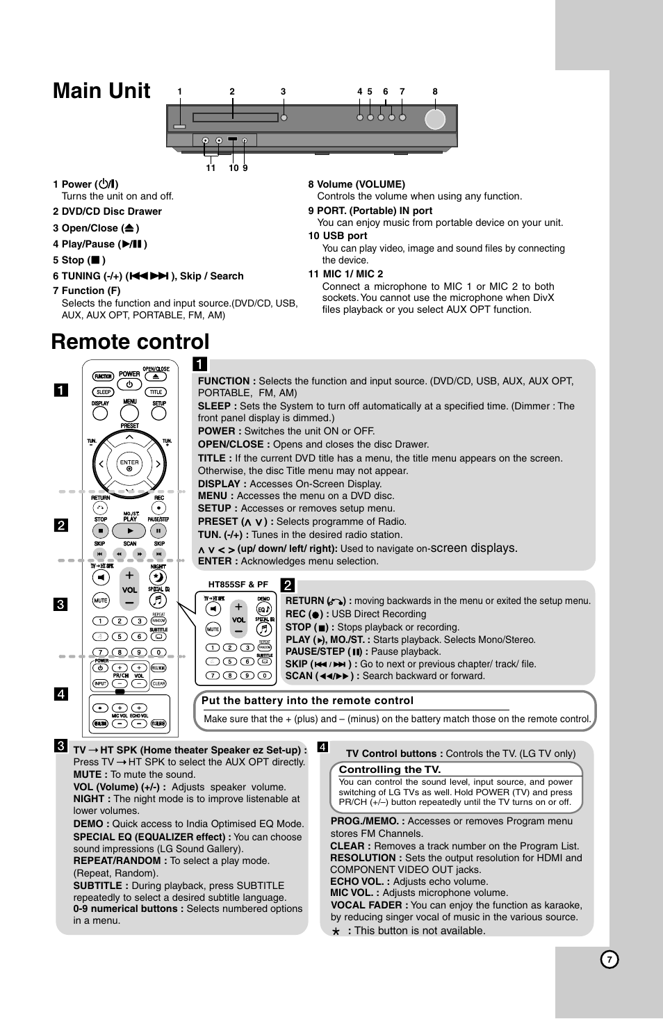 Main unit remote control, Screen displays | LG HT924SF User Manual | Page 7 / 24