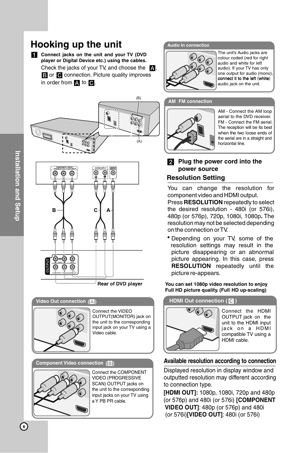 Hooking up the unit, Resolution setting, Available resolution according to connection | LG HT924SF User Manual | Page 8 / 24