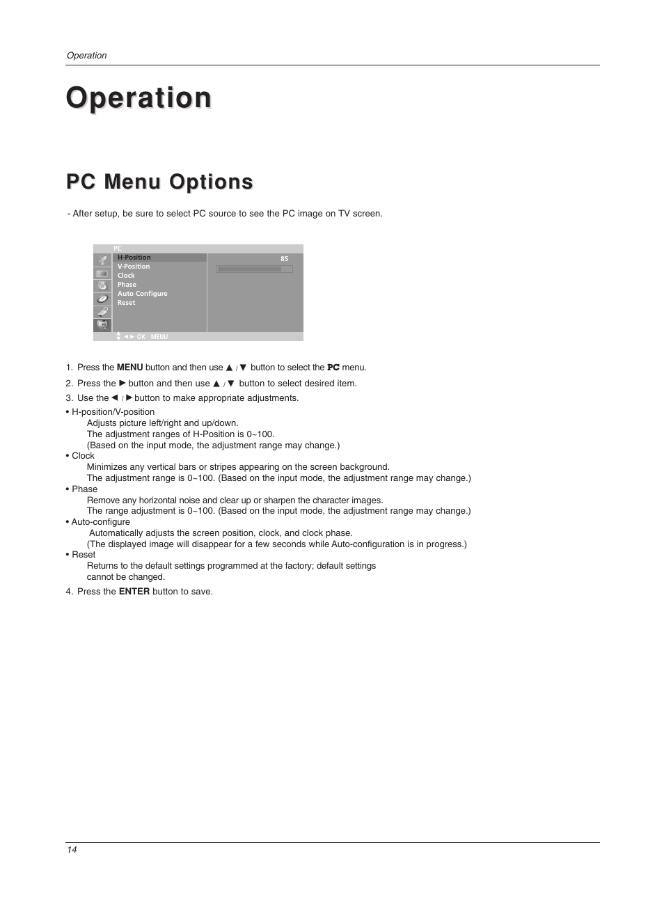 Operation, Pc menu options | LG 17LX1R User Manual | Page 14 / 28