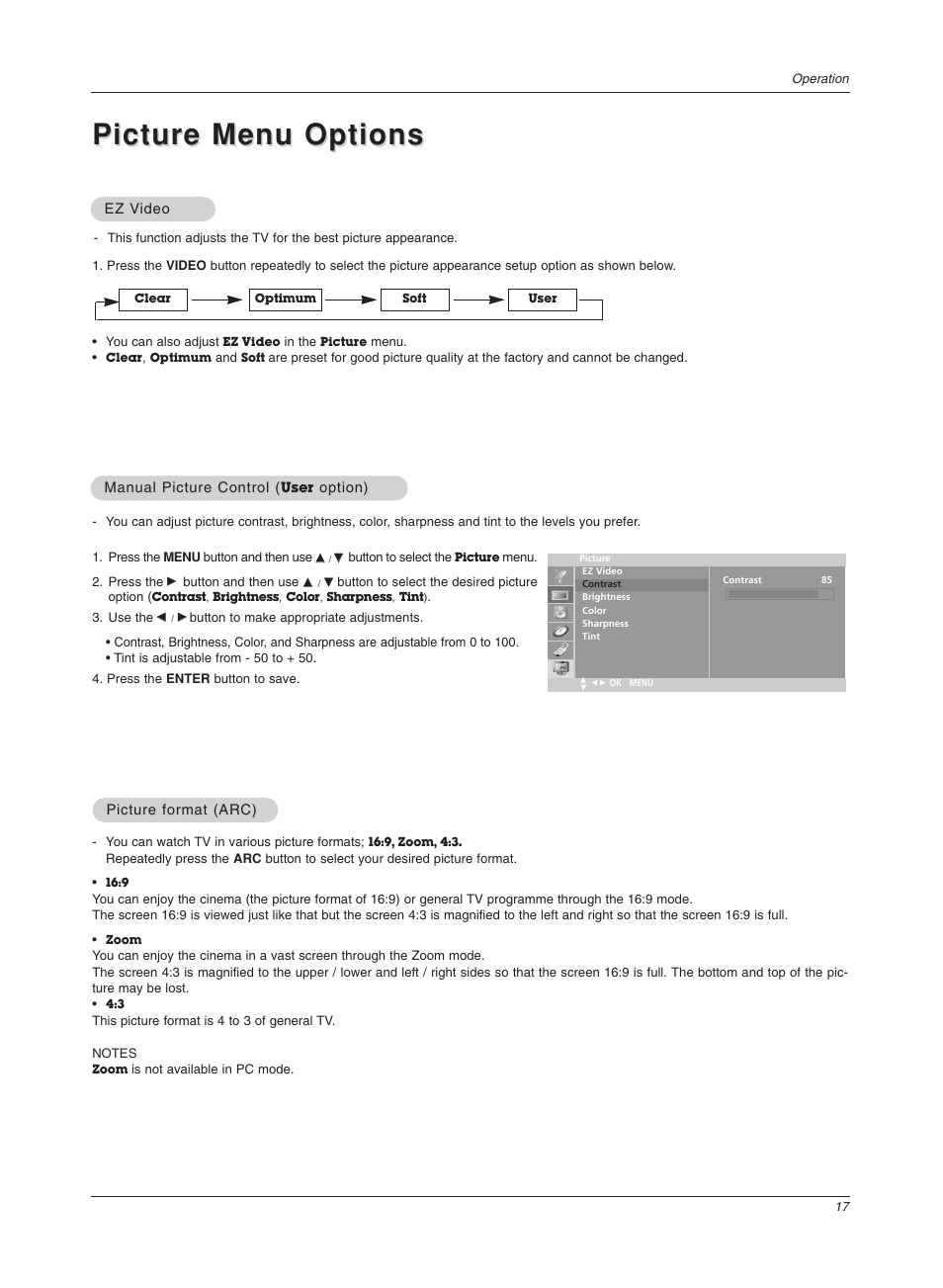 Picture menu options | LG 17LX1R User Manual | Page 17 / 28