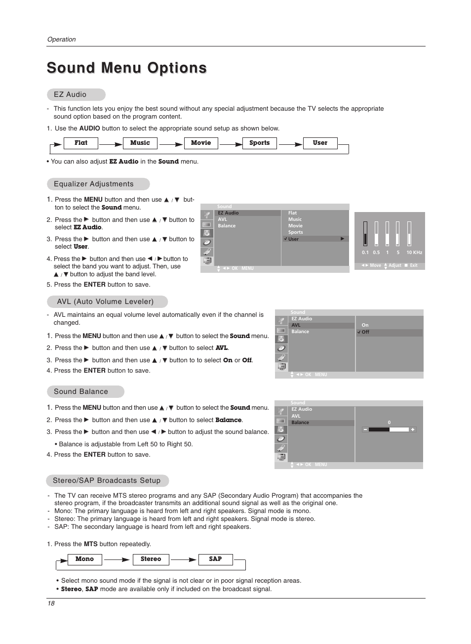 Sound menu options | LG 17LX1R User Manual | Page 18 / 28