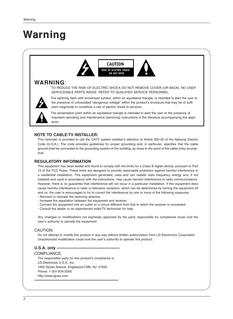 Warning arning | LG 17LX1R User Manual | Page 2 / 28