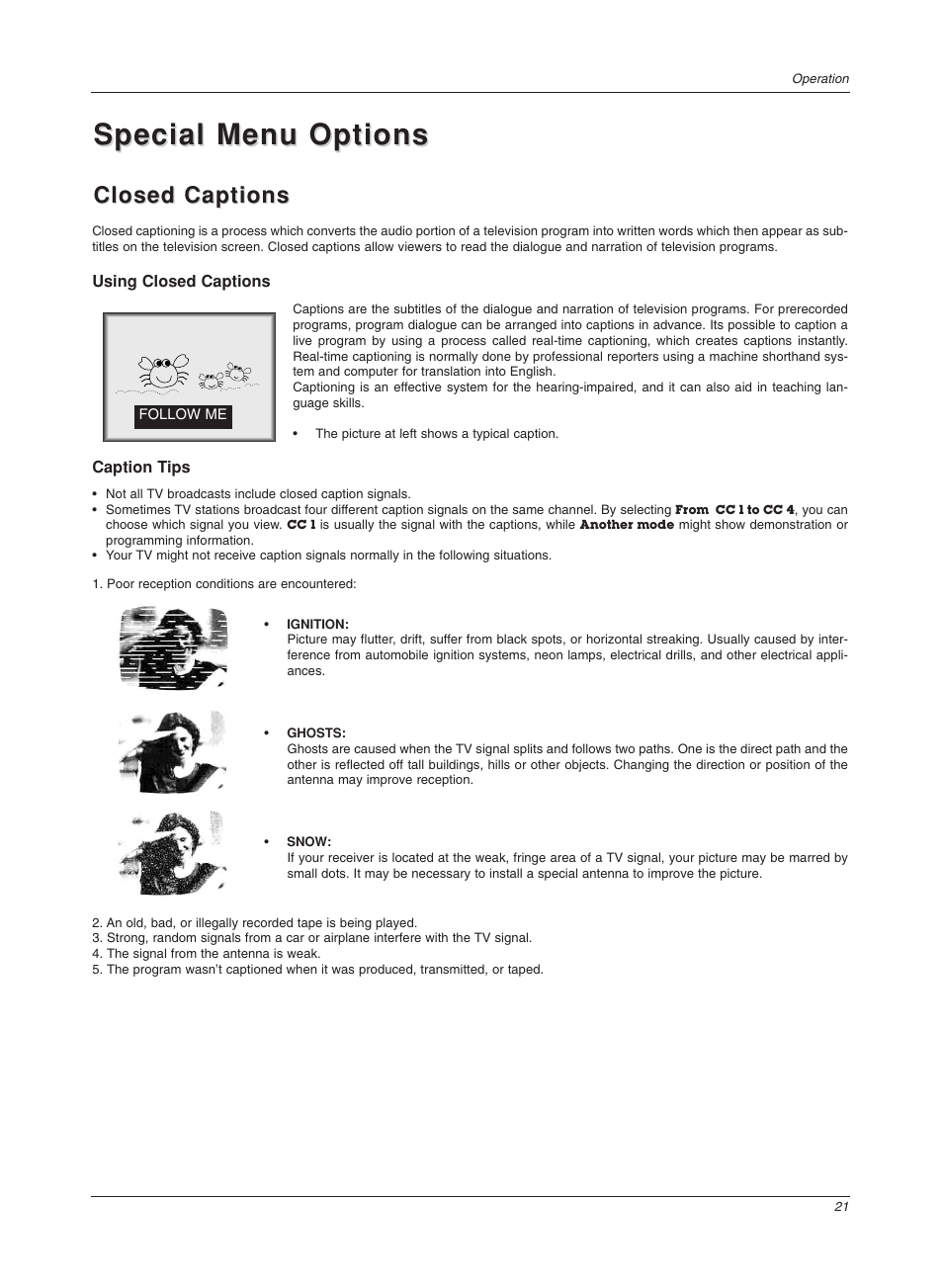 Special menu options, Closed captions | LG 17LX1R User Manual | Page 21 / 28