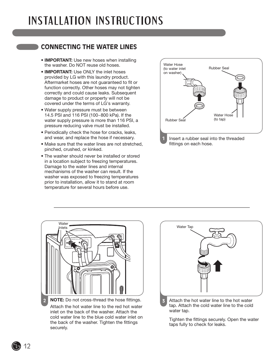 Connecting the water lines | LG WM0742H*A User Manual | Page 12 / 72