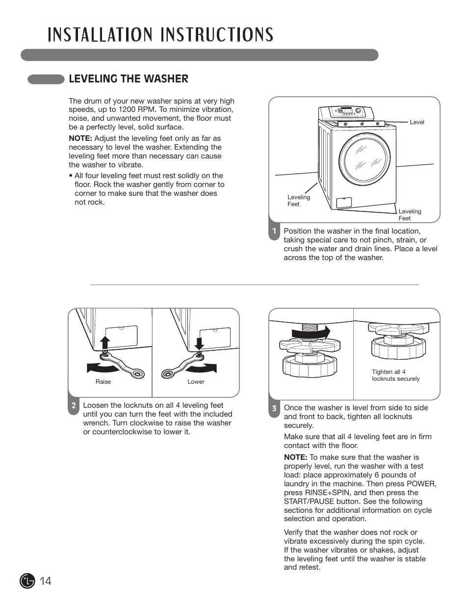 Leveling the washer | LG WM0742H*A User Manual | Page 14 / 72