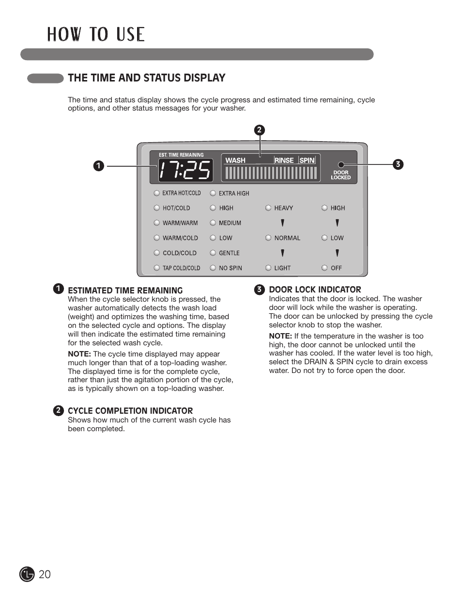 H o w to u s e, The time and status display | LG WM0742H*A User Manual | Page 20 / 72