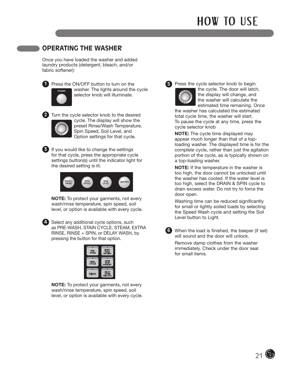 H o w to u s e, Operating the washer | LG WM0742H*A User Manual | Page 21 / 72