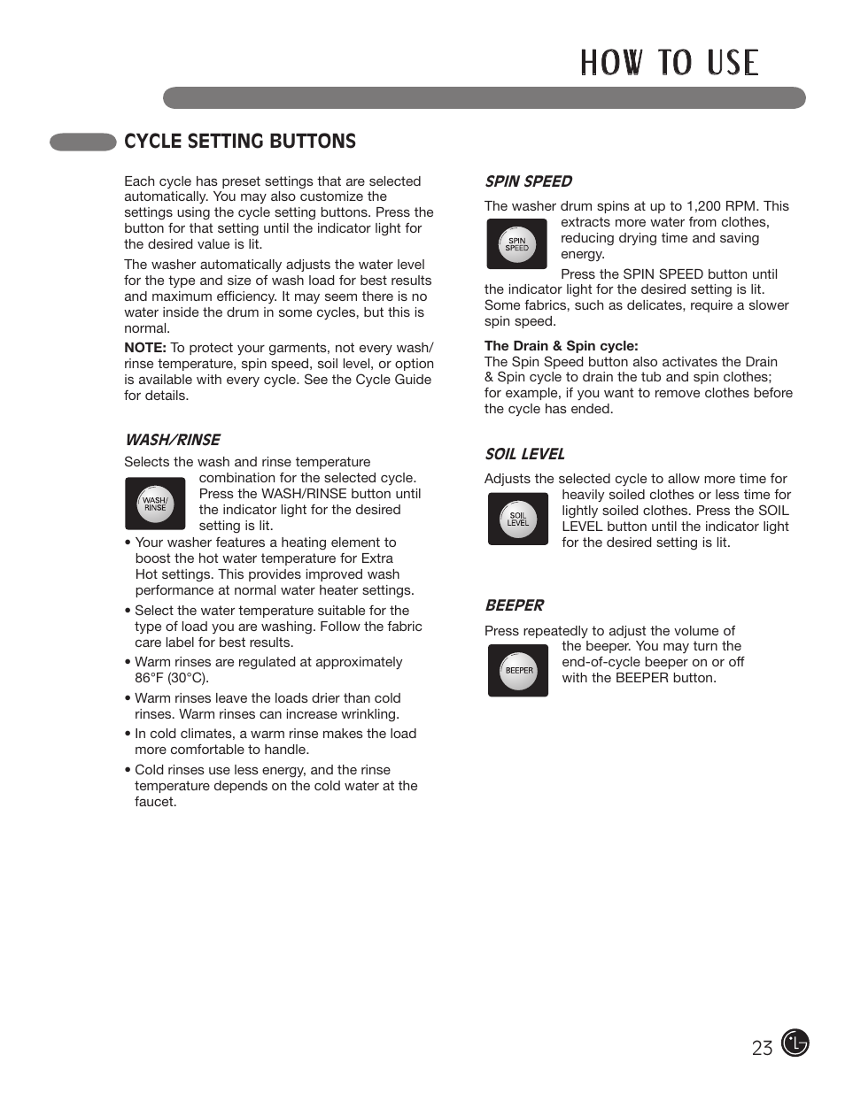 H o w to u s e, Cycle setting buttons | LG WM0742H*A User Manual | Page 23 / 72