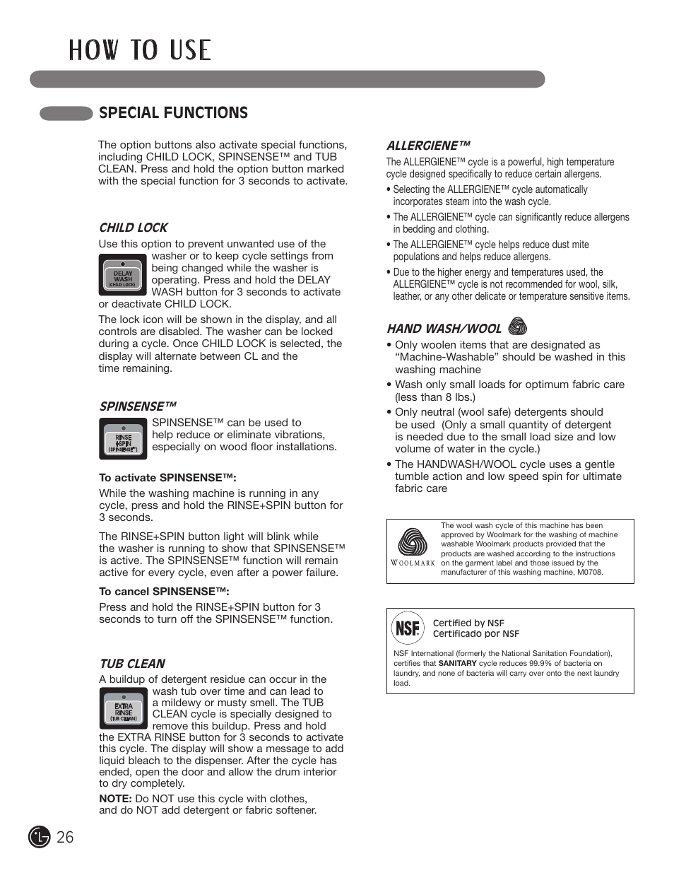 H o w to u s e, Special functions | LG WM0742H*A User Manual | Page 26 / 72