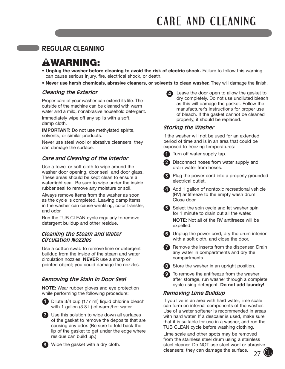 Wwarning, Regular cleaning | LG WM0742H*A User Manual | Page 27 / 72