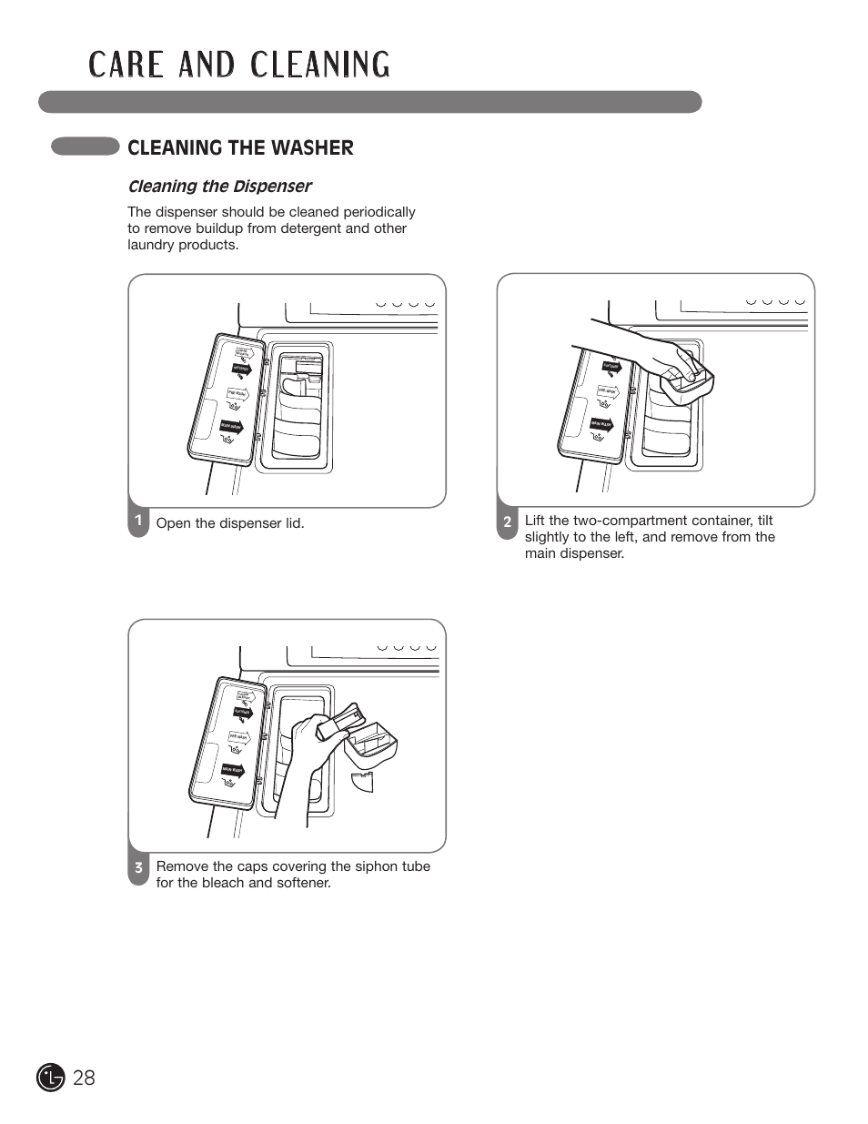 Cleaning the washer, Cleaning the dispenser | LG WM0742H*A User Manual | Page 28 / 72