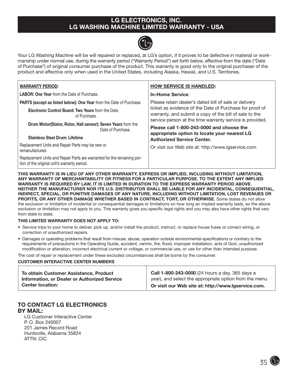 LG WM0742H*A User Manual | Page 35 / 72