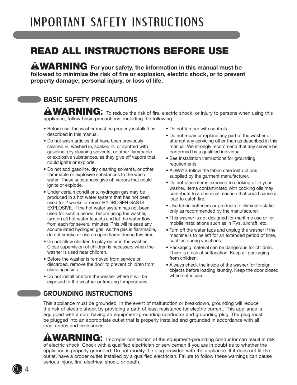 Wwarning, Read all instructions before use, Basic safety precautions | Grounding instructions | LG WM0742H*A User Manual | Page 4 / 72