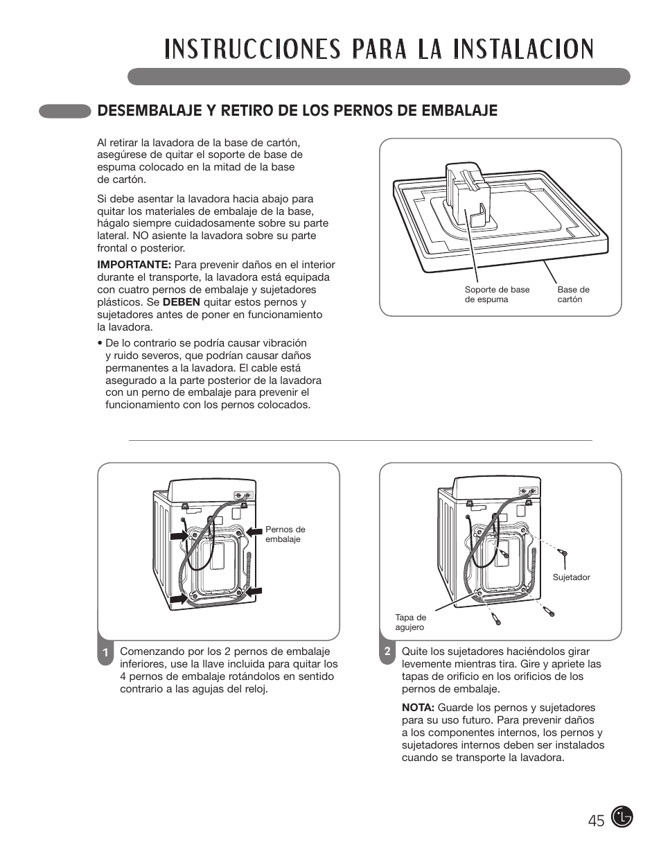 Desembalaje y retiro de los pernos de embalaje | LG WM0742H*A User Manual | Page 45 / 72