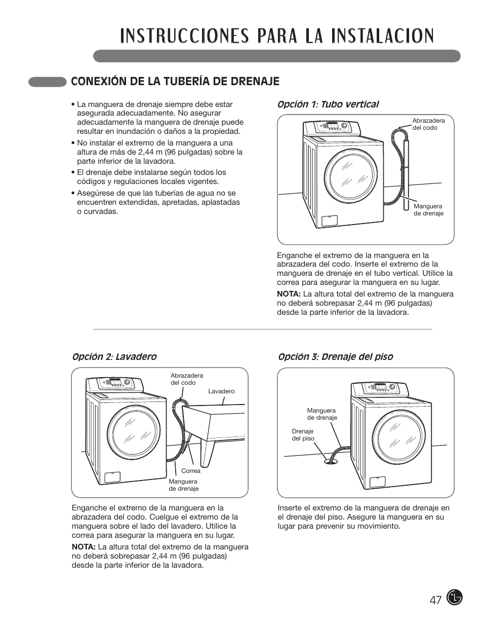 Conexión de la tubería de drenaje | LG WM0742H*A User Manual | Page 47 / 72