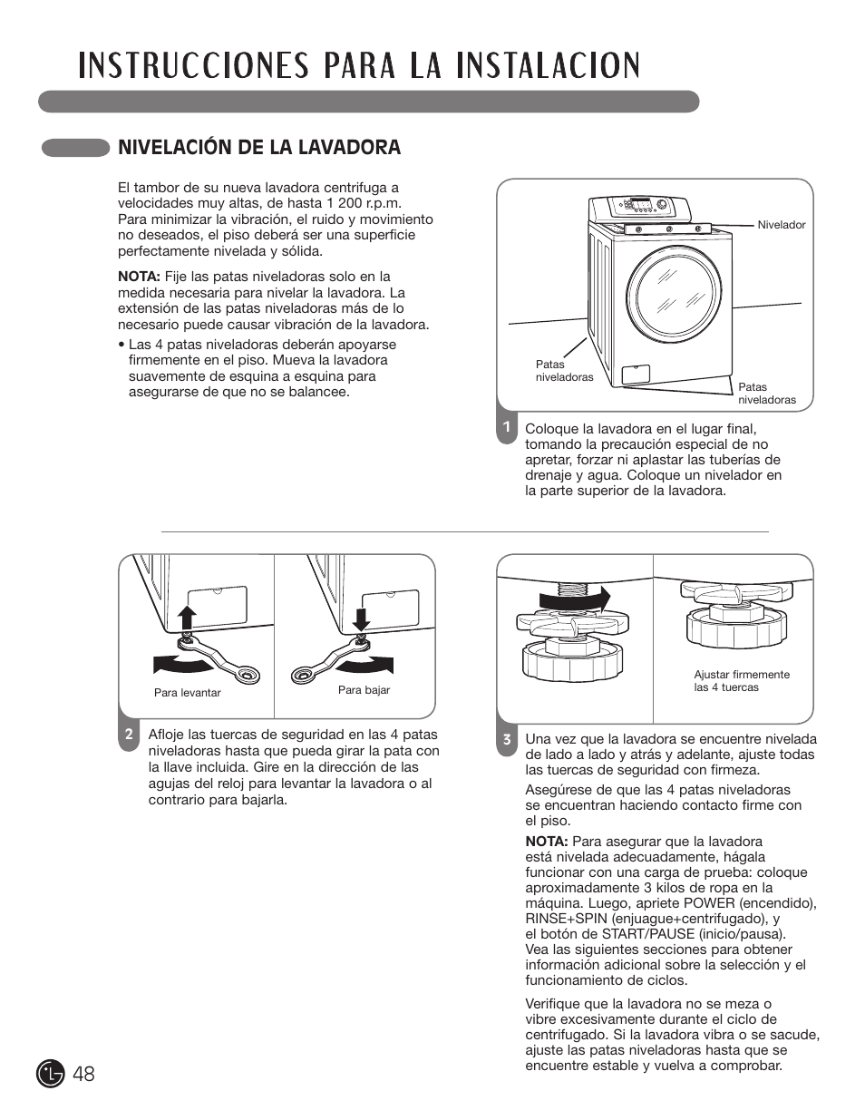 Nivelación de la lavadora | LG WM0742H*A User Manual | Page 48 / 72