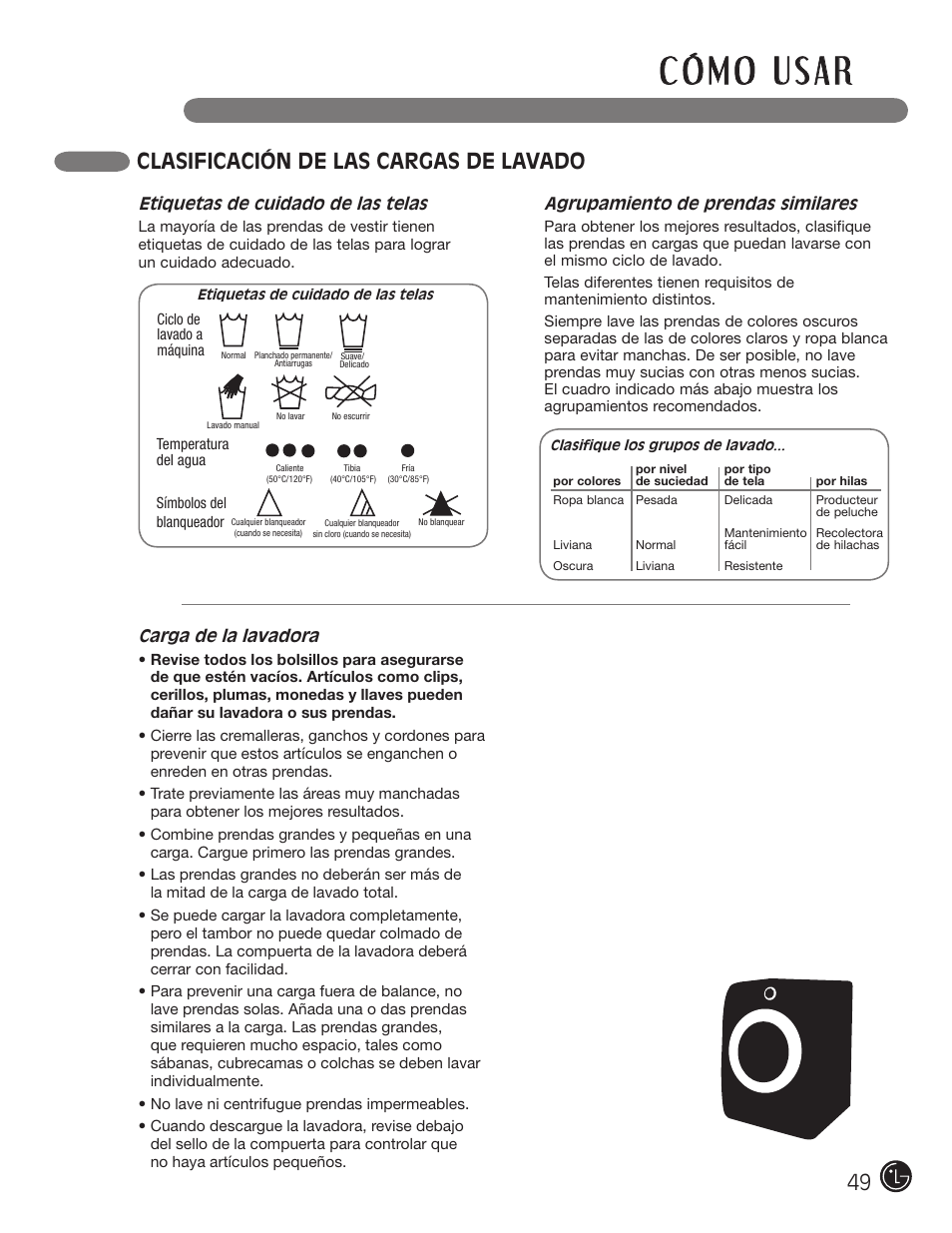 Clasificación de las cargas de lavado, Etiquetas de cuidado de las telas, Agrupamiento de prendas similares | Carga de la lavadora | LG WM0742H*A User Manual | Page 49 / 72