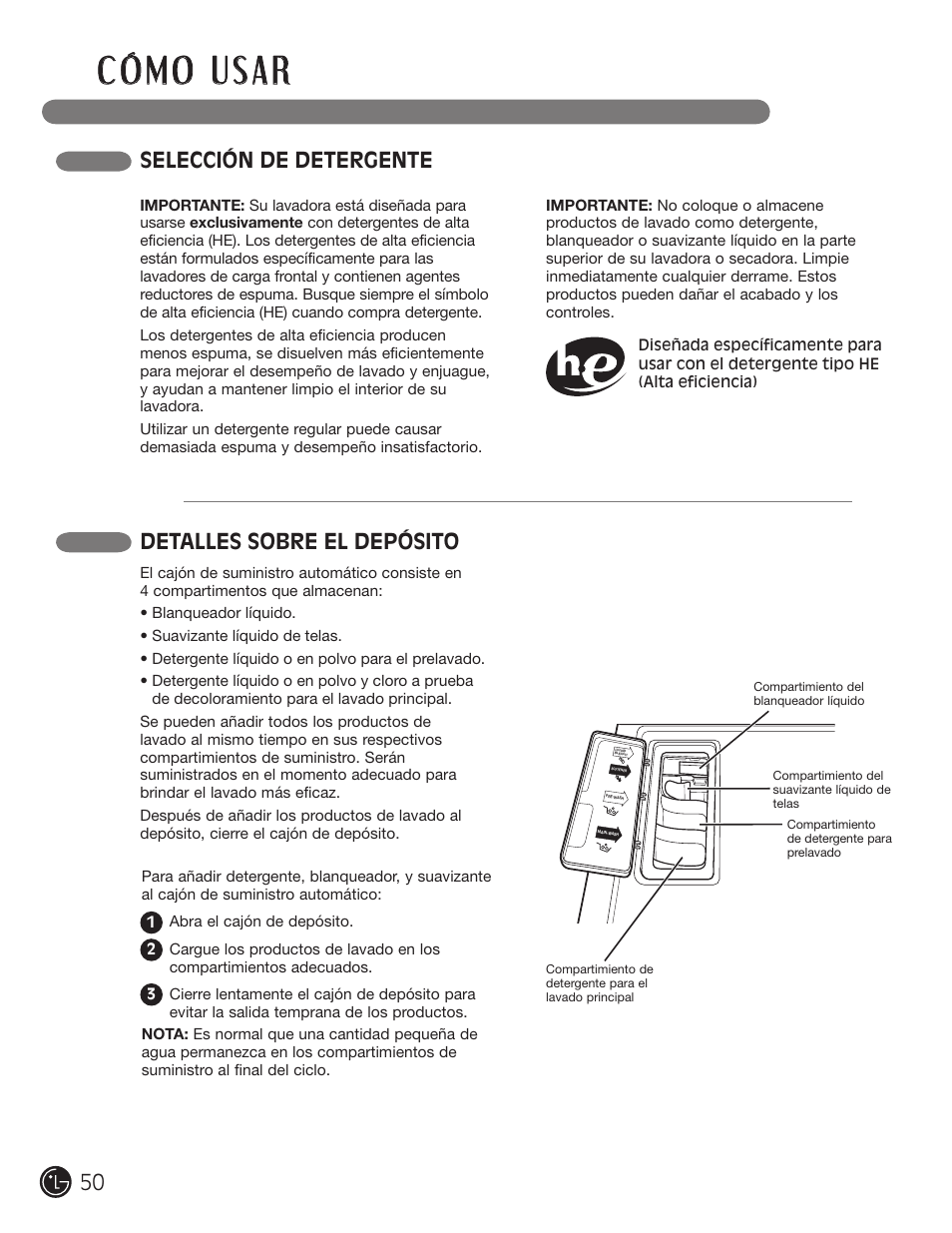 Selección de detergente detalles sobre el depósito | LG WM0742H*A User Manual | Page 50 / 72