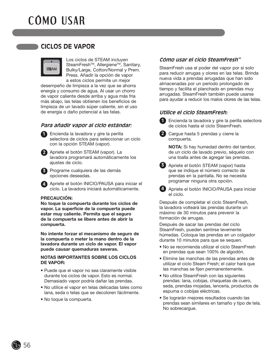 Ciclos de vapor | LG WM0742H*A User Manual | Page 56 / 72