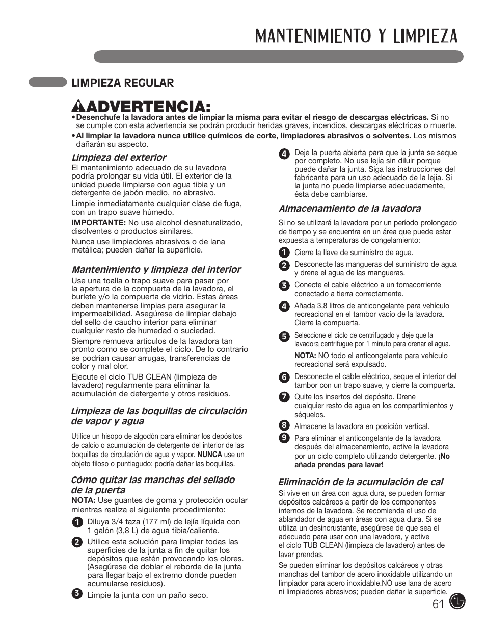 Mantenimiento y limpieza, Wadvertencia, Limpieza regular | LG WM0742H*A User Manual | Page 61 / 72