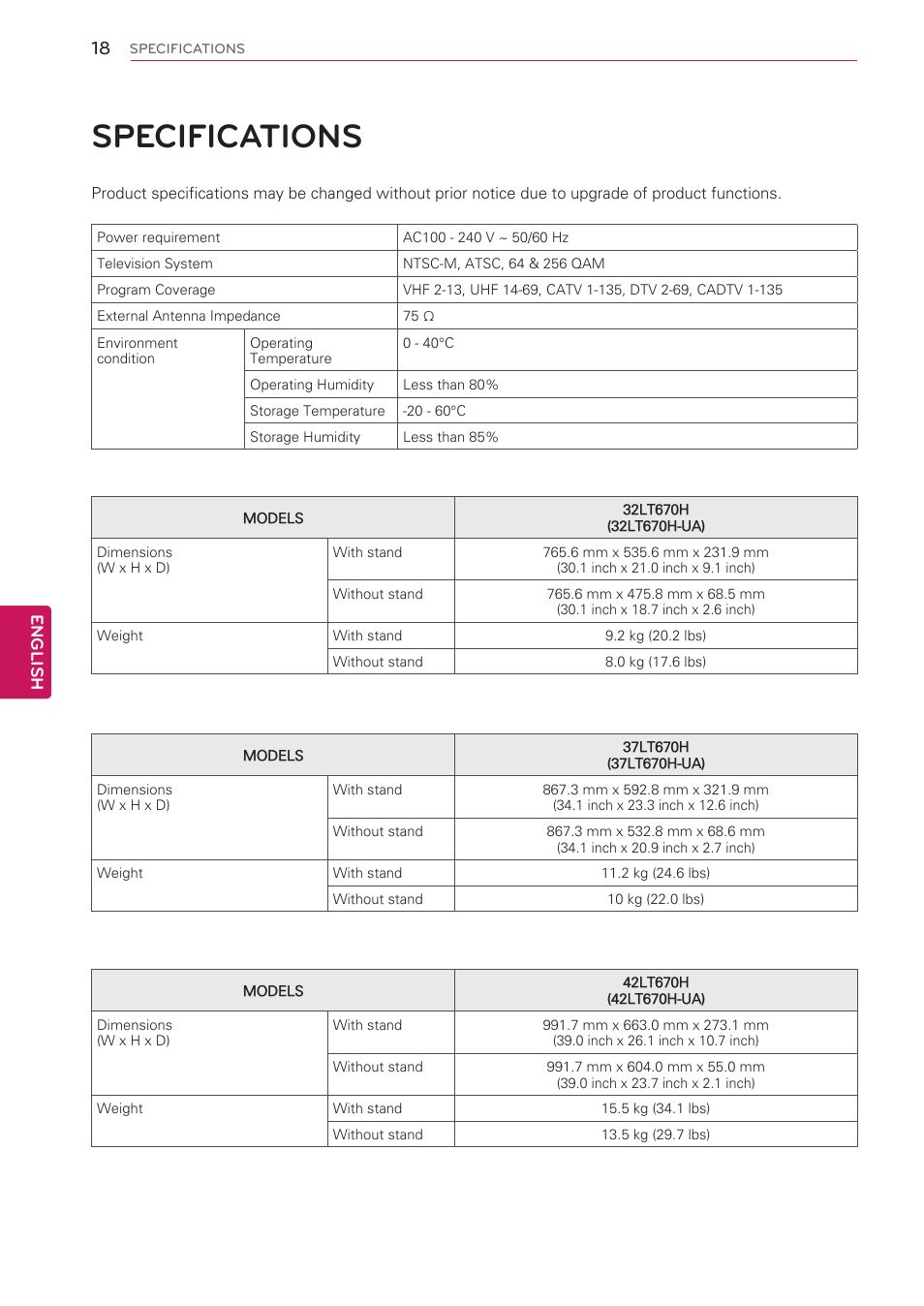 Specifications, English | LG 26LT670H User Manual | Page 18 / 20