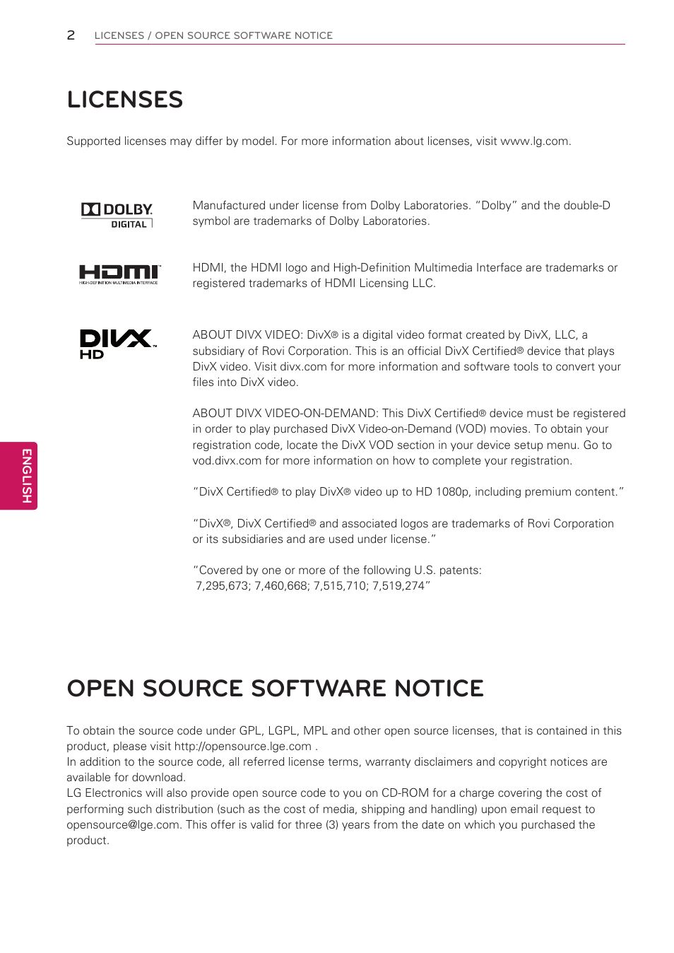 Licenses, Open source software notice | LG 26LT670H User Manual | Page 2 / 20