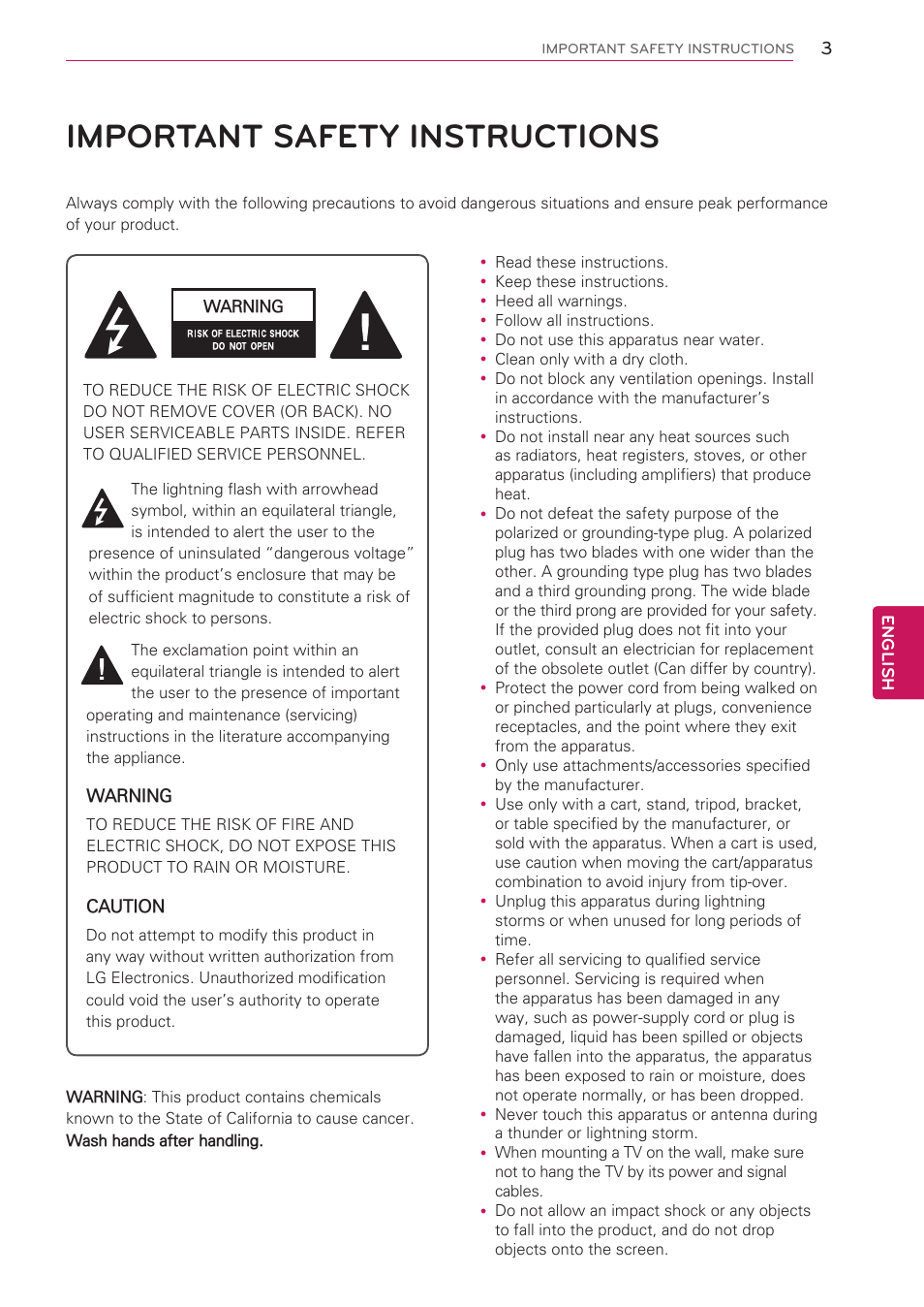 Important safety instructions | LG 26LT670H User Manual | Page 3 / 20