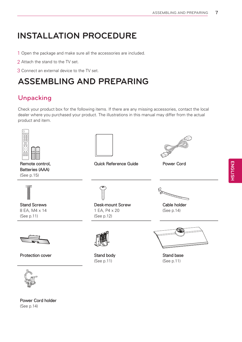 Installation procedure, Assembling and preparing, Unpacking | LG 26LT670H User Manual | Page 7 / 20