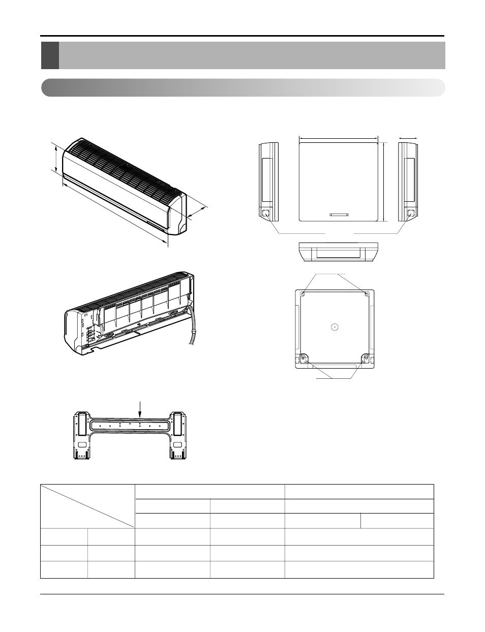 Dimensions, Indoor unit, Split type indoor 2. art cool type indoor unit | LG A3UH363FA0 User Manual | Page 11 / 86