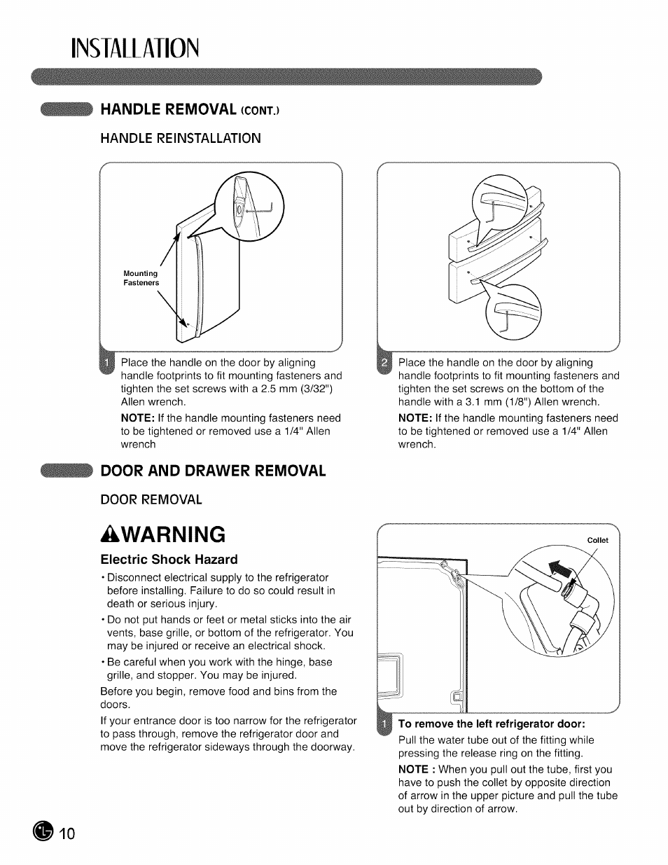 Handle removal (cont.) handle reinstallation, Door and drawer removal, Door removal | Electric shock hazard, Installation, Awarning | LG LMX28G83 User Manual | Page 10 / 46