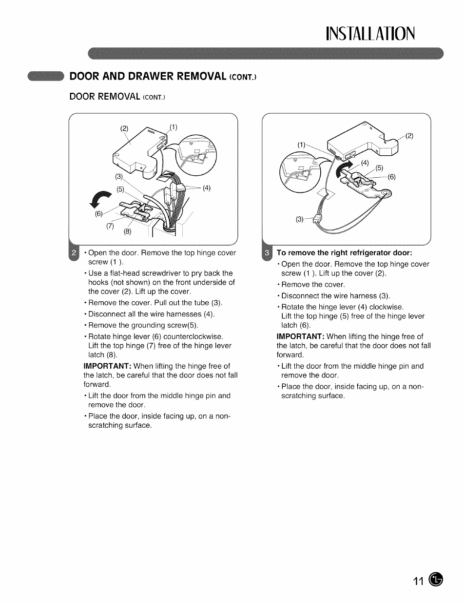 Installation, Door and drawer removal | LG LMX28G83 User Manual | Page 11 / 46