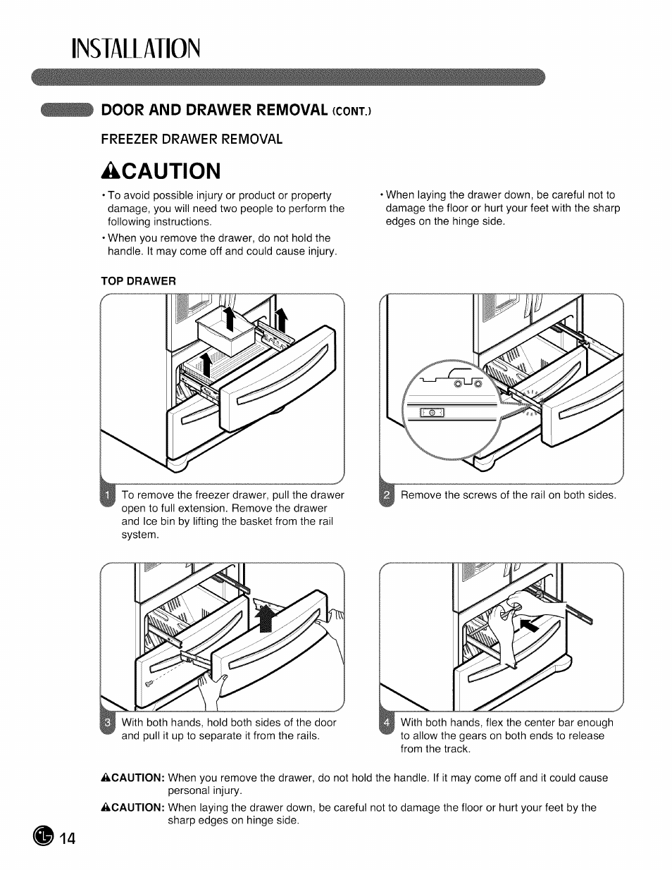 Door and drawer removal (cont.), Freezer drawer removal, Installation | Acaution | LG LMX28G83 User Manual | Page 14 / 46