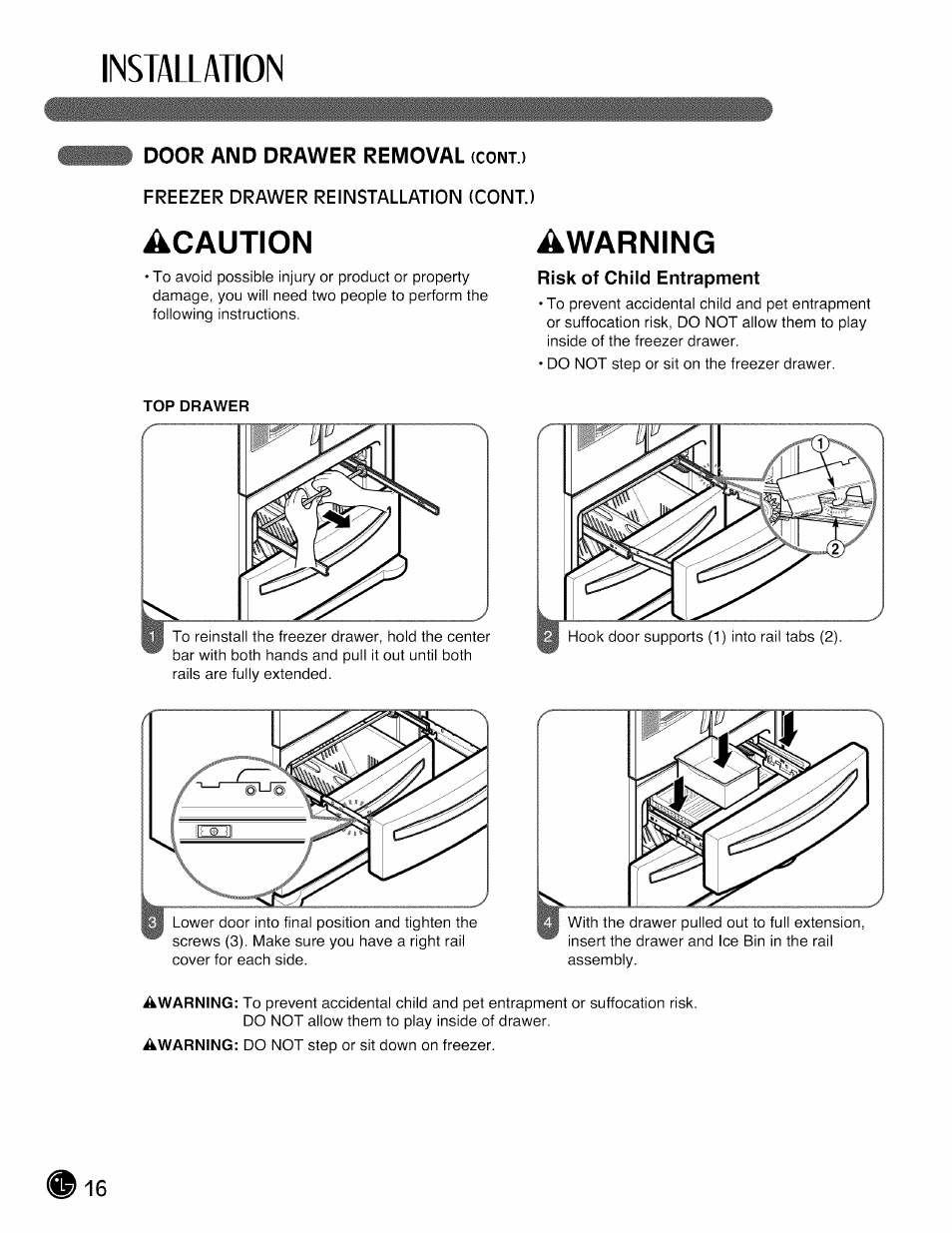 Risk of child entrapment, Installation, Acaution | Awarning | LG LMX28G83 User Manual | Page 16 / 46