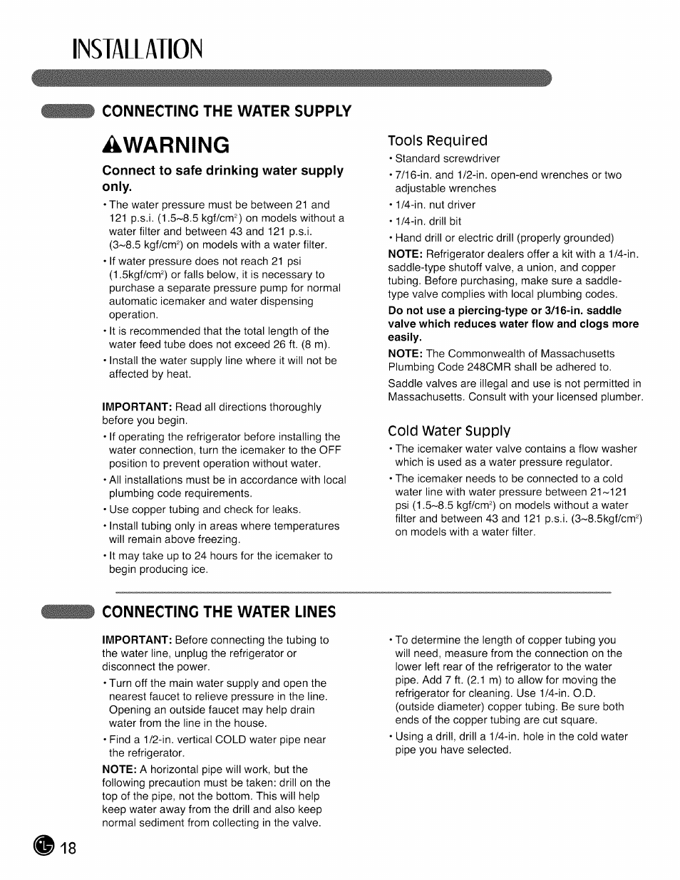 Connecting the water supply, Connect to safe drinking water supply only, Connecting the water lines | Installation, Awarning | LG LMX28G83 User Manual | Page 18 / 46