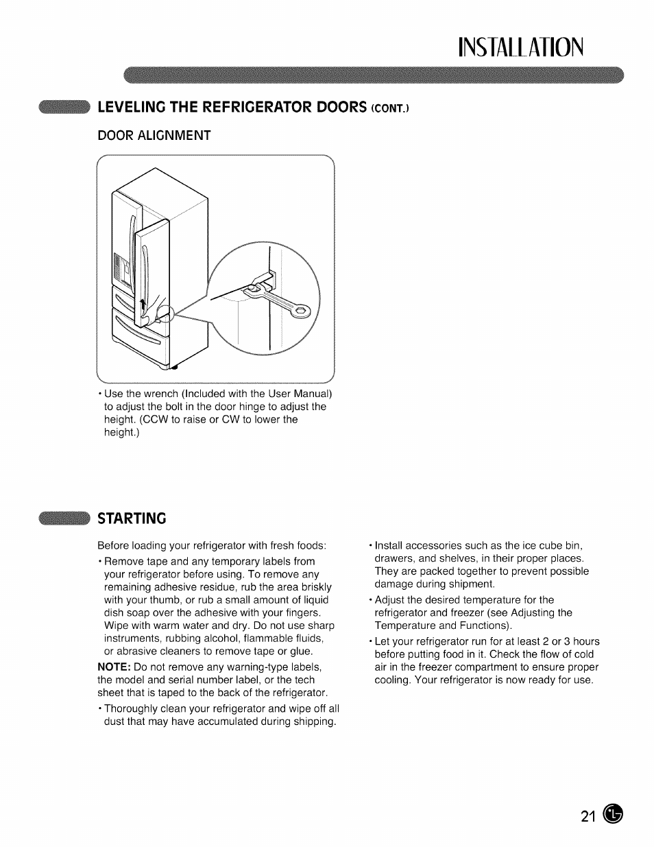 Starting, Installation | LG LMX28G83 User Manual | Page 21 / 46