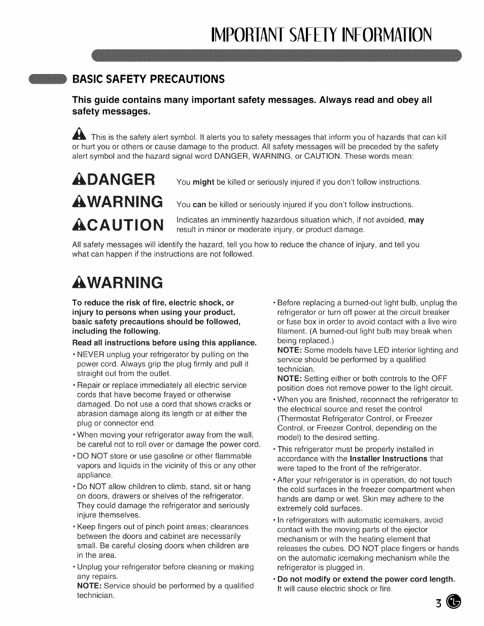 Basic safety precautions, Important safety information, Adanger awarning acaution | Awarning | LG LMX28G83 User Manual | Page 3 / 46